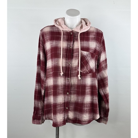 Time and Tru Burgundy & Pink Plaid Flannel Button Up Hoodie Shirt Women's XL - Picture 2 of 10